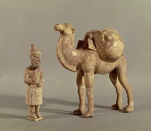 Begrafenisbeeldjes van een beladen kameel en een barbaarse karavaanleider, Tang-dynastie (618-907)